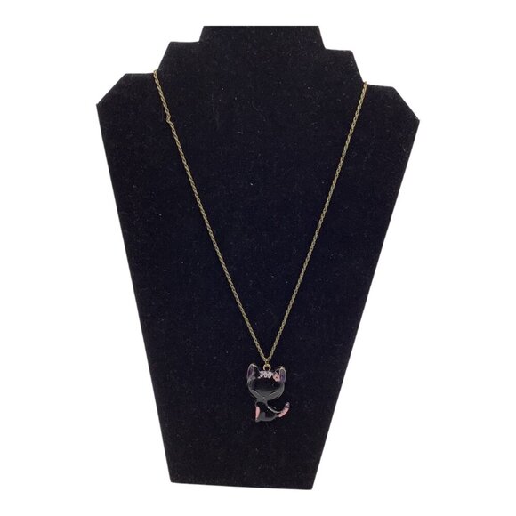 Black Cat Pendant Necklace W/ Brass Tone Chain Women Shinning Paint Finished 26” - Picture 1 of 9